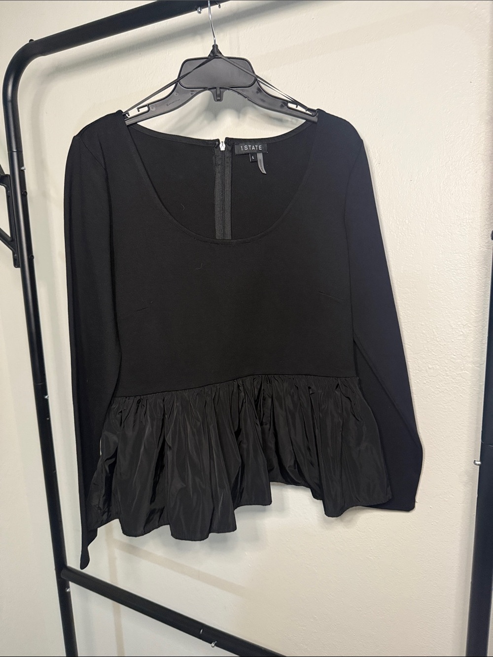 STATE Black Long-Sleeve Peplum Scoop Neck Top